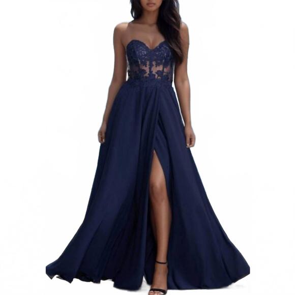 PROMGIRL Dresses & Skirts - NEW PROMGIRL sweetheart sheer bodice long dress gown in neptune